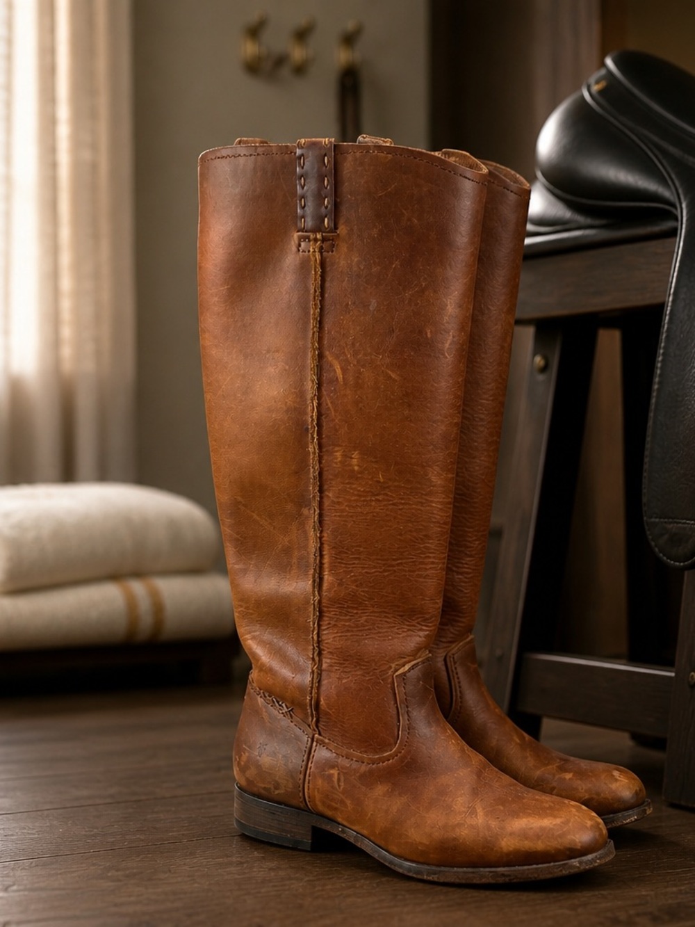 Frye Distressed Cognac Tall Leather Riding Boots, Cara style